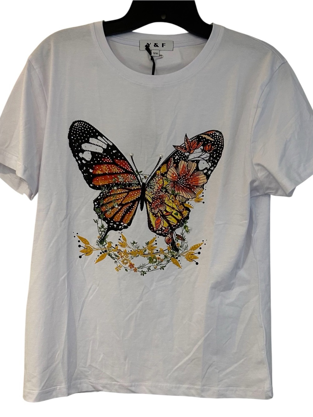 Y&F White Butterfly Floral Graphic Tee Crewneck Short Sleeve T-Shirt Size S/M